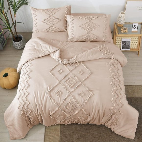 NEW NWT Boho Beige or Pink Tufted Jungalow Bohemian Queen King Bedding SET - Picture 8 of 11